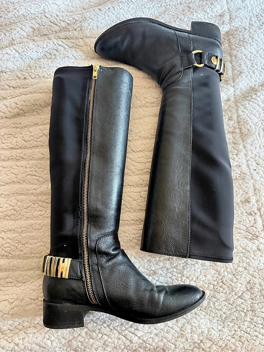 Steve Madden Regina Knee High Leather Moto Riding Boots Black & Gold / 7.5